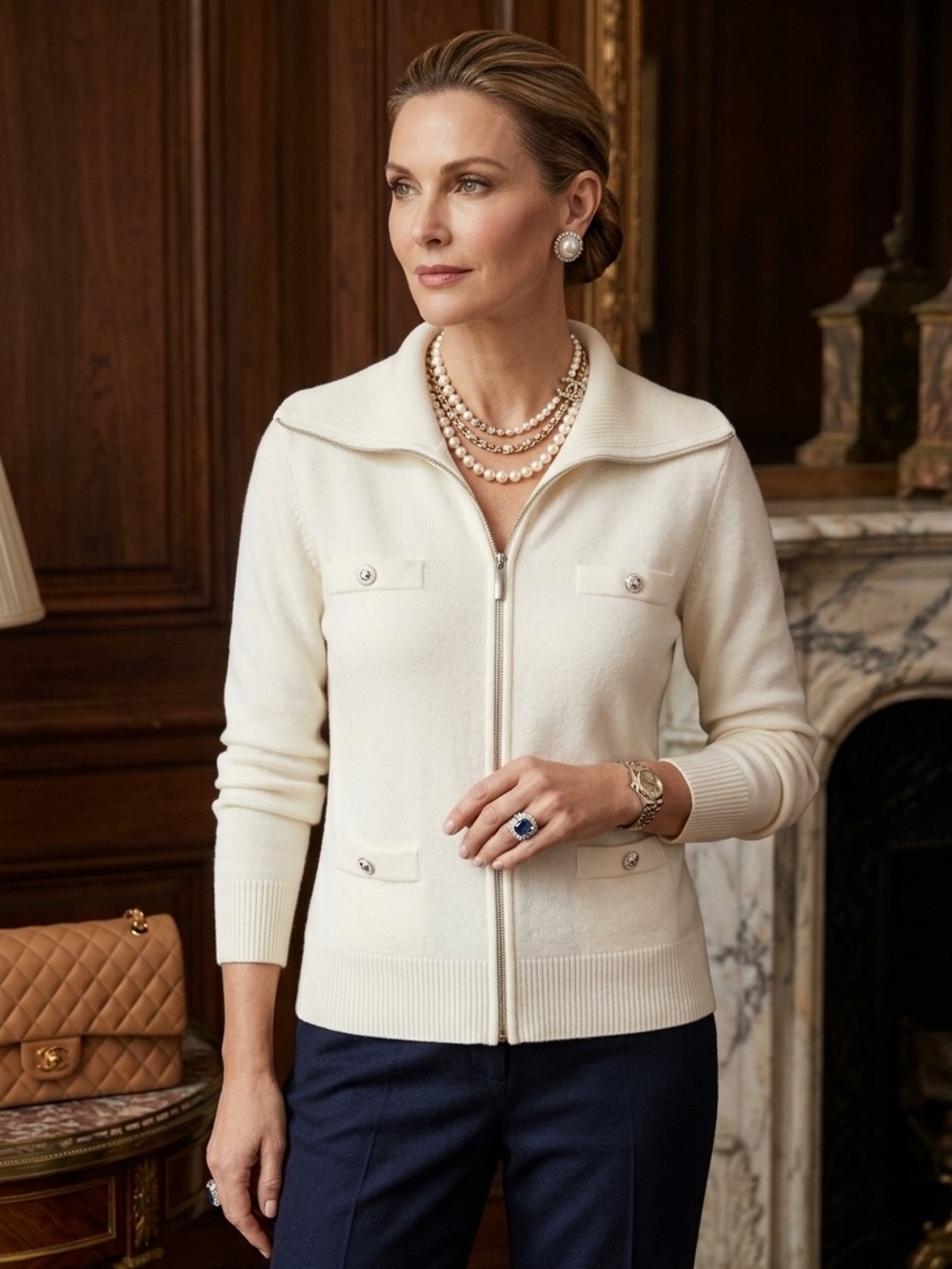 Talbots Ivory Full Zip Knit Cardigan Sweater Jacket Gold Hardware Size L